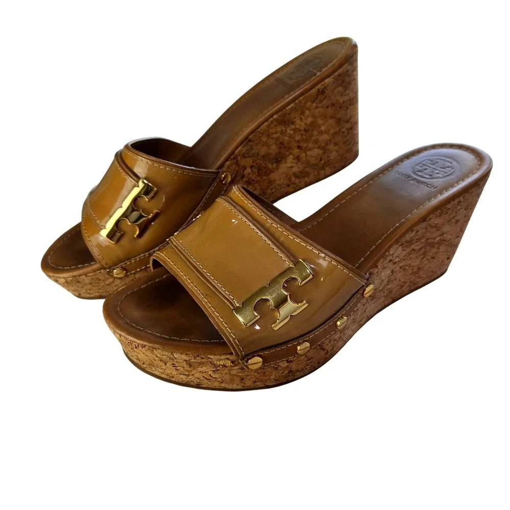 Tory Burch Size 10 Wedge Sandals Tan Patent Leather Cork Gold Logo Slides #1036